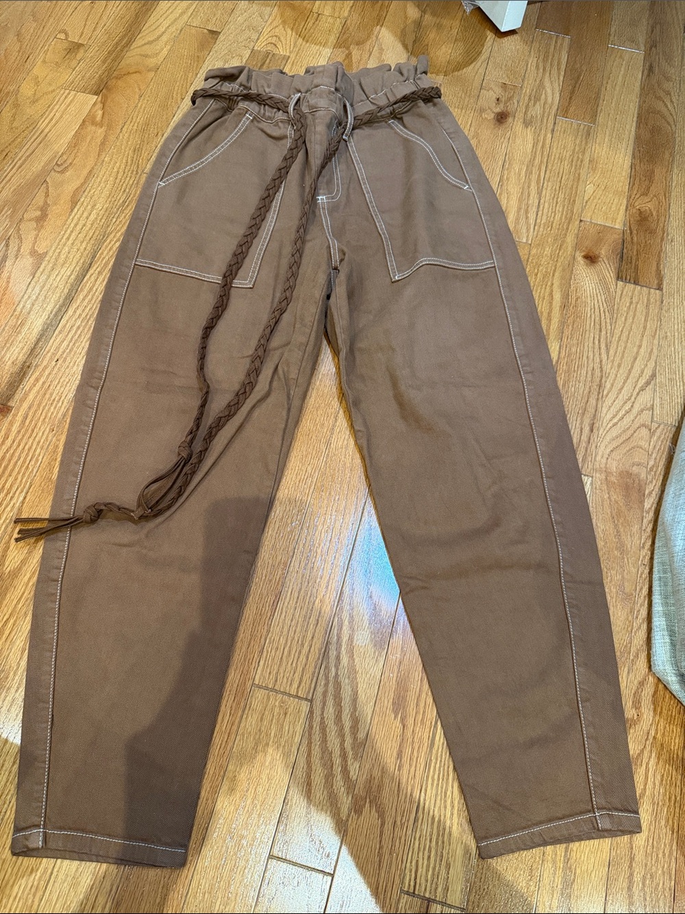 Something Navy Camel Jeans with White Stitching & Cinched Waist with Belt Size 6